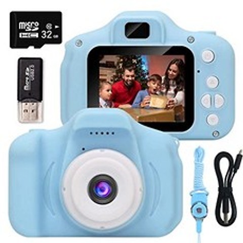 Boy girl and girl with flag kids digital camera 3-10 years infant camera mini cartoon recha (Blue), Blue