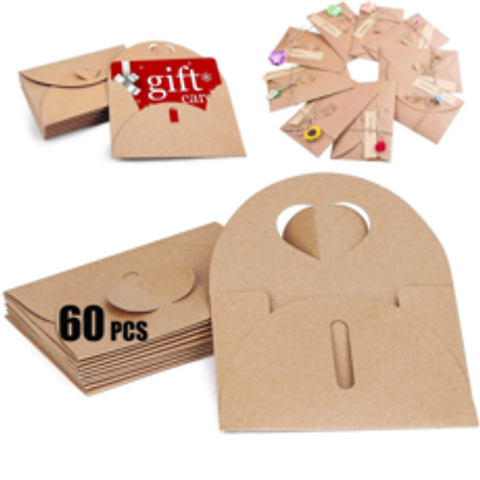 superera 60 장의 카드 봉투 크래프트 종이 봉투 작은 종이 하트가있는 미니 소형 접이식 봉투 DIY 크리스마스 결혼 선물 11x17.5 cm에 사용할 수 있습니다., 60장