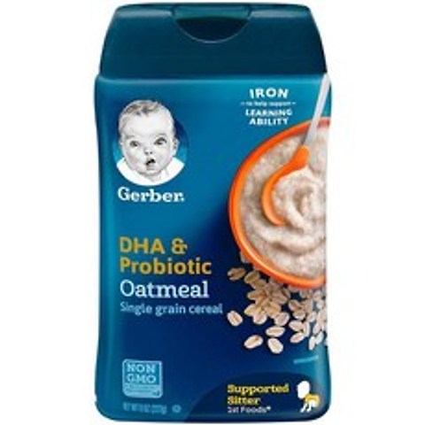거버 Gerber DHA프로바이오틱 오트밀시리얼 1단계 227g x2팩 DHA Probiotic Oatmeal Baby Cereal 8oz, 2팩, 아기용 오트밀