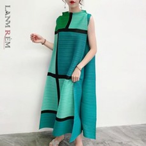 해외직구 LANMREM 컬러 블록 패치 워크 pleated 드레스 famale 2021 여름 느슨한 대형 민소매 스탠드 칼라 롱 드레