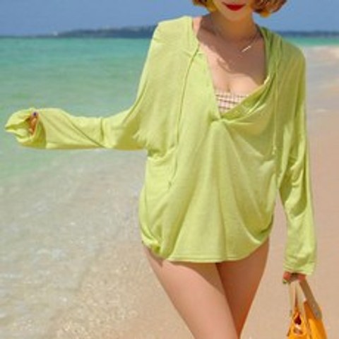 CHINA 여자 봄 여름 해변 비치룩 시스루 후드 긴팔 티셔츠, 연두색