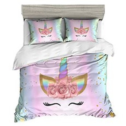 ADASMILE A S Unicorn Bedding for Kids Duvet Cover and Pillowcase Set Wrinkle (King Smile Unicorn), King, Smile Unicorn