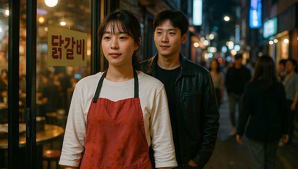 닭갈비집 앞 — 고추장 앞치마와 흰 투피스