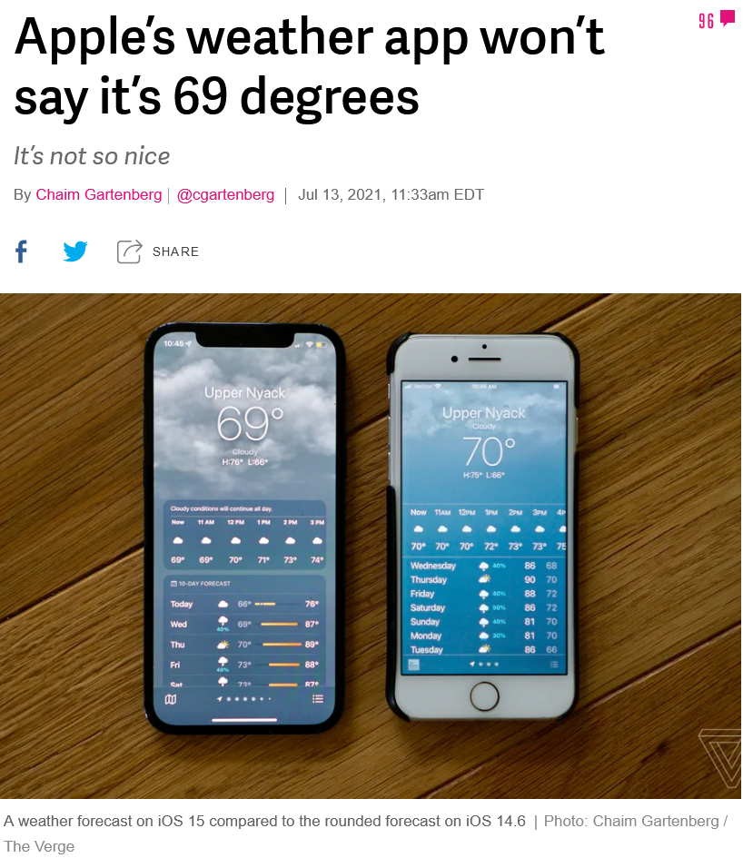 애플 날씨앱에 '69도'가 표시되지 않는 이유 - 짤티비