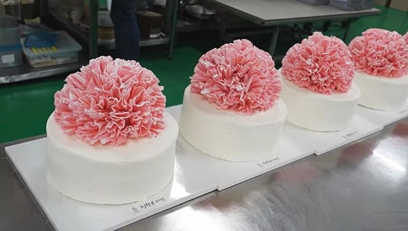 케이크 공장에서 카네이션 케이크 만드는 과정 - 꾸르