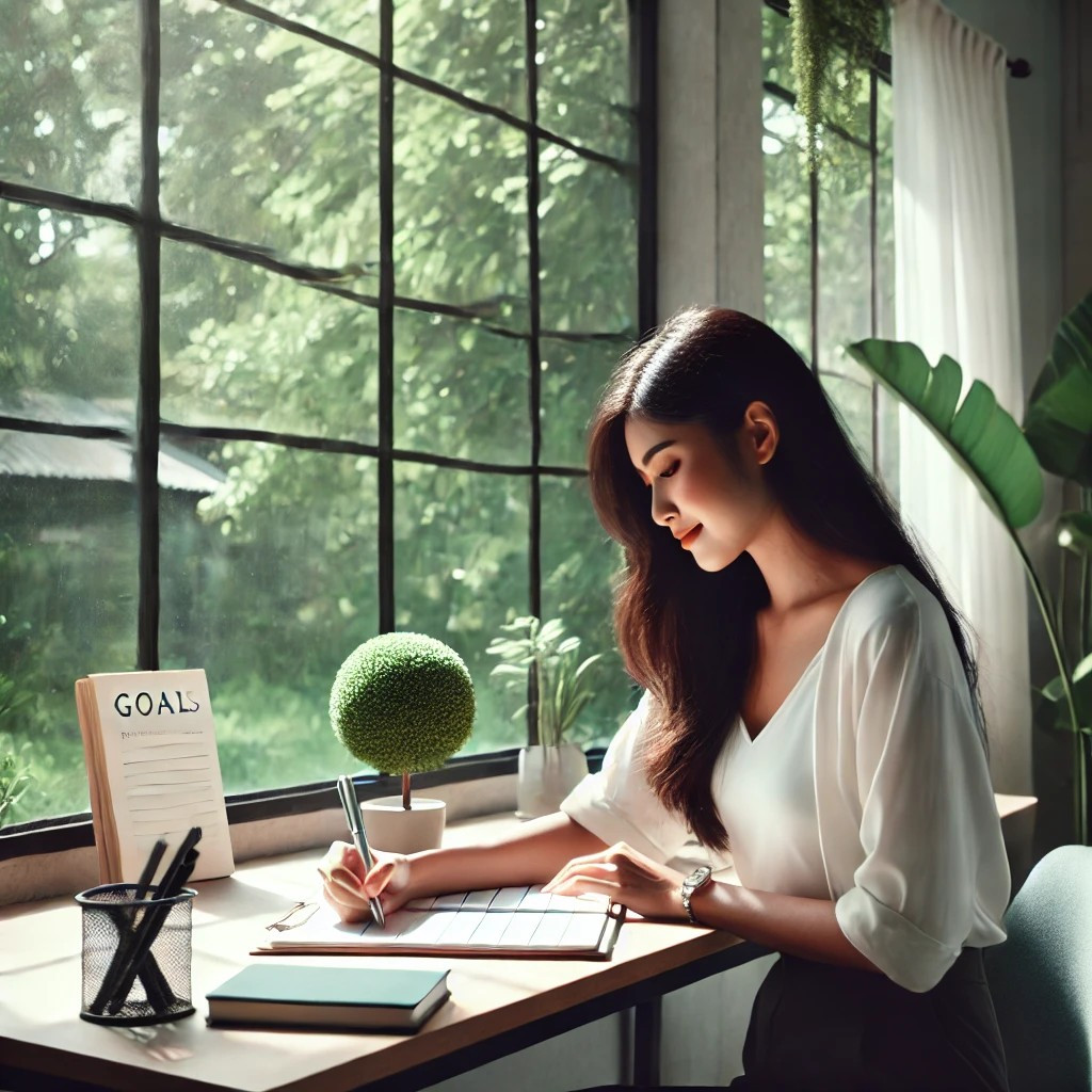 DALL·E 2025-02-27 15.17.57 - A woman sitting at a desk, writing down her goals with a positive and focused expression. She is in a bright and clean environment, with a large glass.jpg