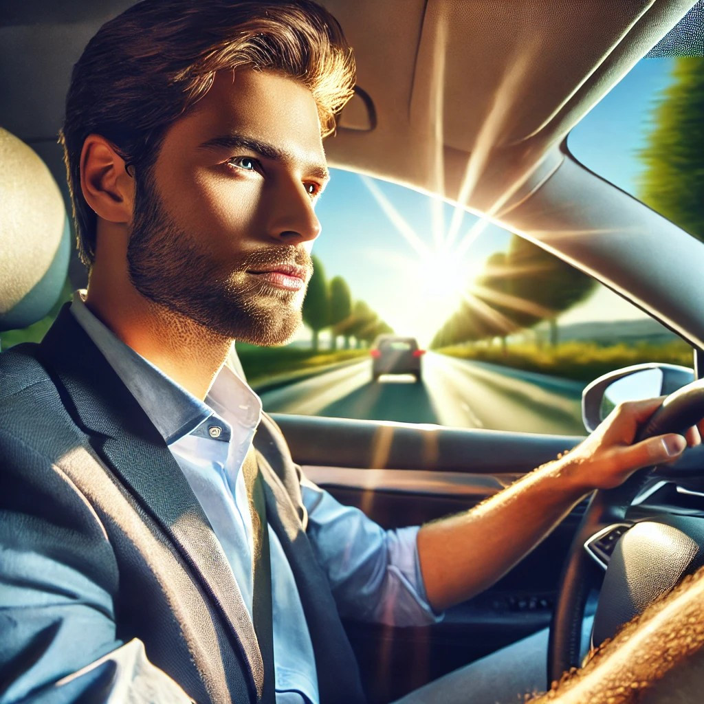 DALL·E 2025-03-04 18.12.05 - A realistic image of a man driving a car on the road. The man looks confident and focused, with a natural expression. The car is modern and clean, and.jpg