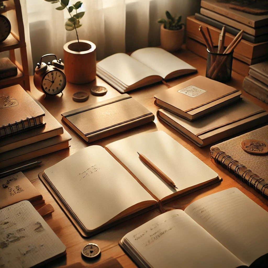 DALL·E 2025-02-28 17.41.48 - A desk with multiple notebooks placed on it, one of them opened to reveal blank or lightly written pages. The scene has a cozy and organized atmospher.jpg