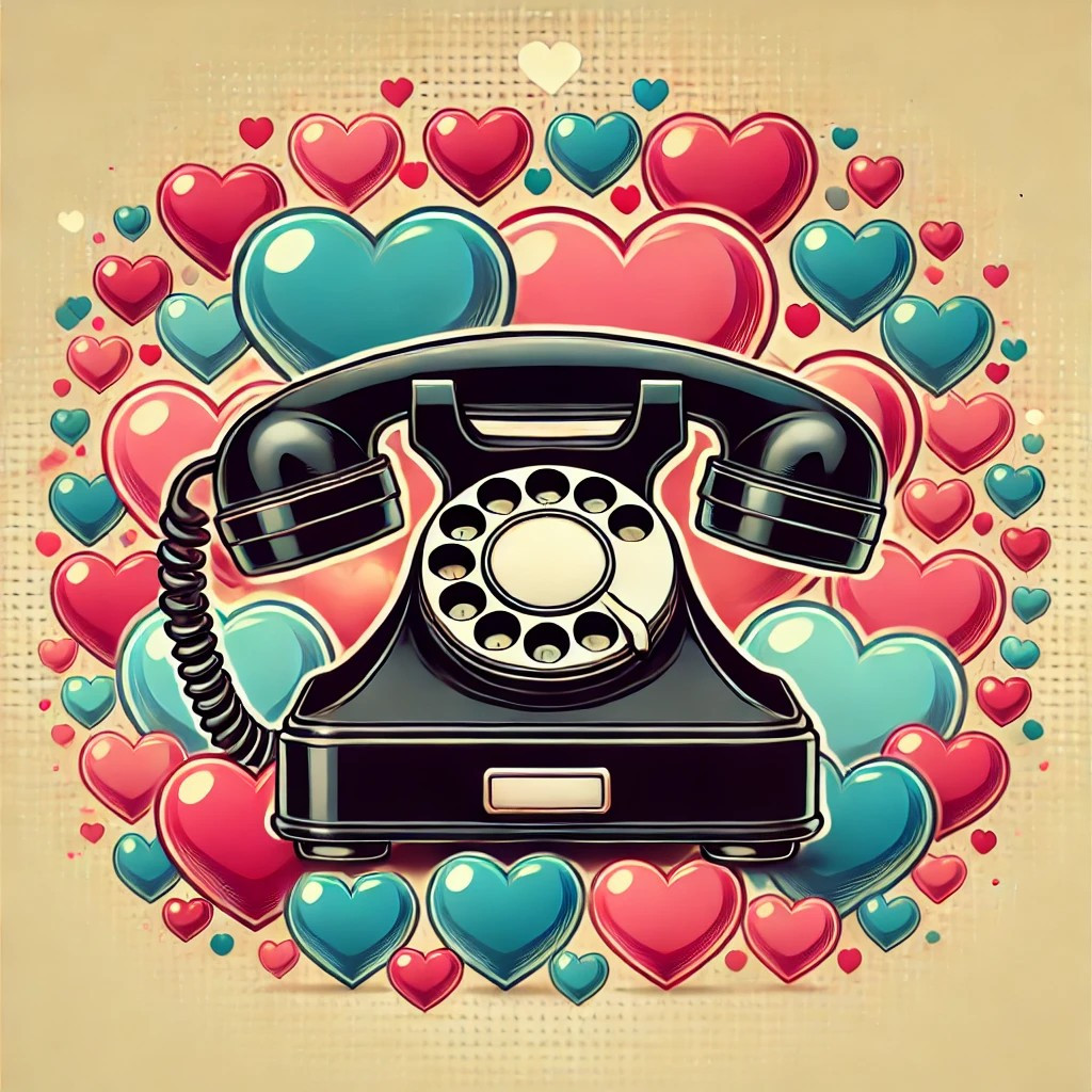 DALL·E 2025-03-13 23.49.29 - A digital illustration featuring multiple hearts of various sizes and colors in the background. At the center, there is a classic telephone placed pro.jpg