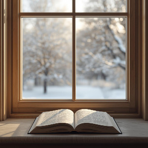 겨울풍경이 보이는 햇살 좋은 창가에 놓인 책 한권, 창 색깔은 어둡지 않았으면 좋겠에. 실사같은 사진 만들어줘.jpg