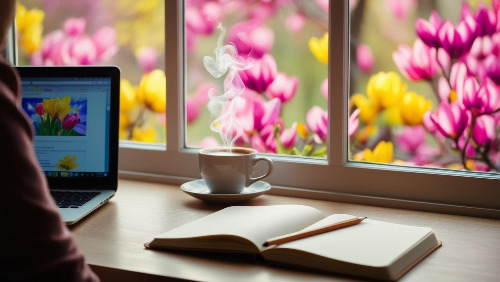 창밖은 봄, 창가에 노트북과 커피, 노트와 연필이 있는 감성사진.jpg