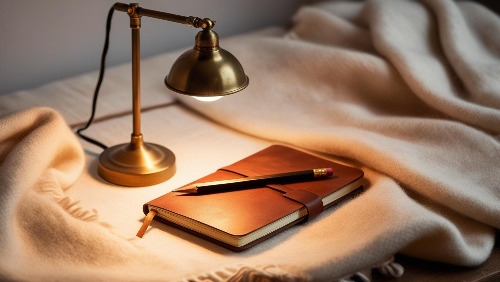 하얀이불 속 작은 스탠드 조명, 노트와 연필이 있는 사진.jpg