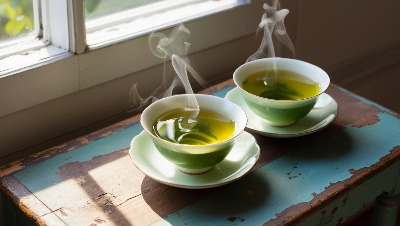 창가에 있는 빈티지 탁자위에 보이차 잔 두 개가 있는 사진을  1280_800 사이즈로 만들어줘. (2).jpg