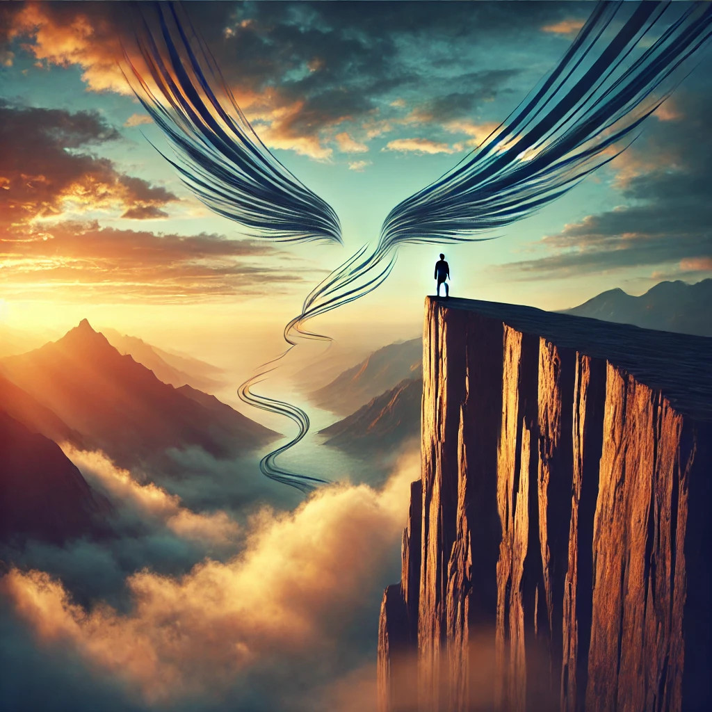 수정됨_DALL·E 2024-10-28 12.11.23 - An image symbolizing the duality of ambition and risk. A lone figure stands at the edge of a high cliff or mountain, looking out at the vast sky with .jpg