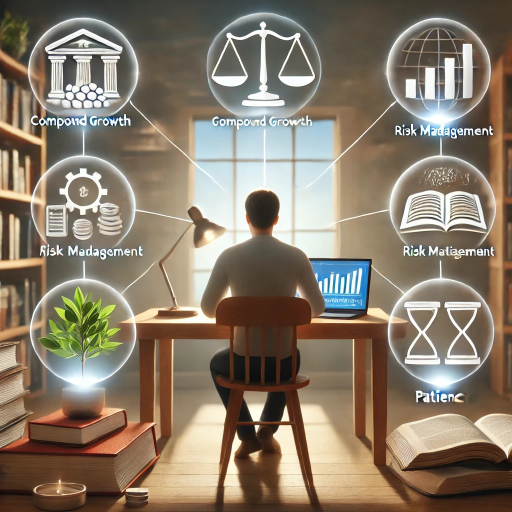 수정됨_DALL·E 2024-08-27 11.51.19 - A realistic and slightly simplified image representing key lessons learned from studying investment and economics. A person is sitting at a desk in a .jpg