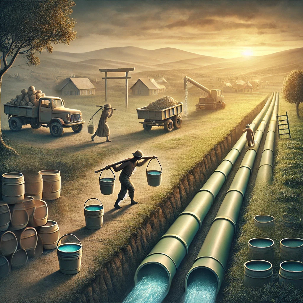 수정됨_DALL·E 2024-10-31 12.52.32 - A different version of the pipeline parable, illustrating sustainable growth versus short-term effort. The scene shows one person carrying water bucke.jpg