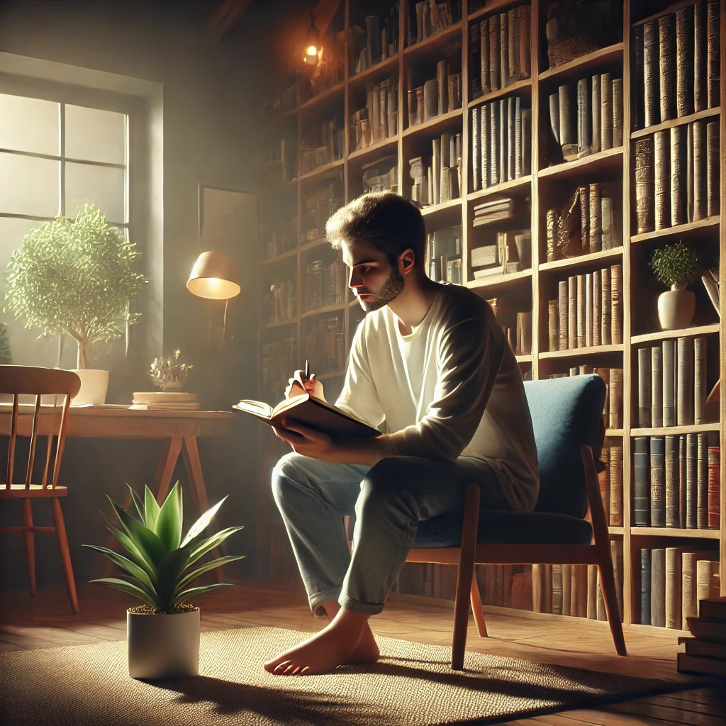 수정됨_DALL·E 2024-08-21 12.34.25 - A realistic photograph of a person sitting calmly in a cozy home library or study room. The room is filled with bookshelves lined with books, and the .jpg