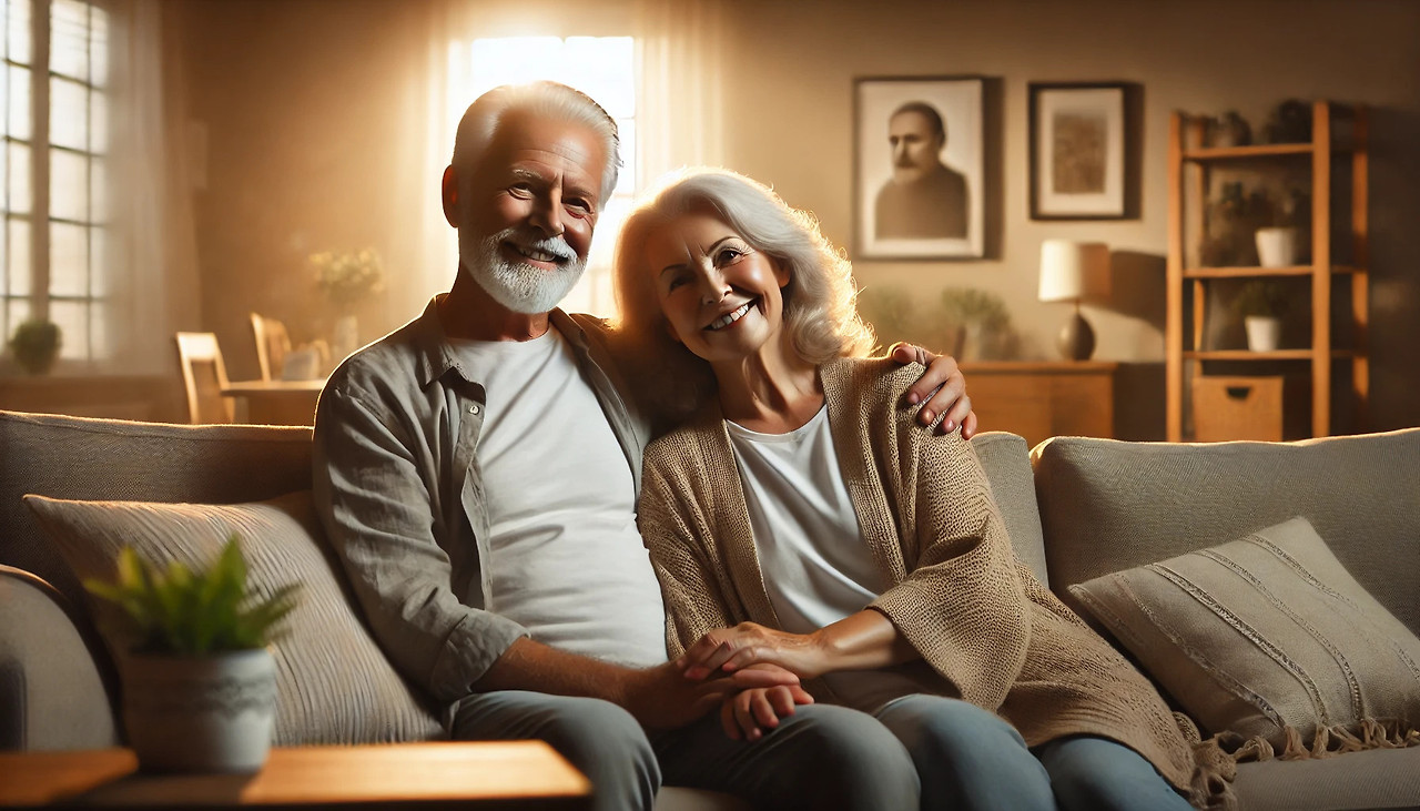 수정됨_DALL·E 2024-09-25 10.38.08 - A widescreen YouTube thumbnail featuring a relaxed and happy elderly couple. The couple, both in their 70s, is sitting together on a comfortable sofa .jpg