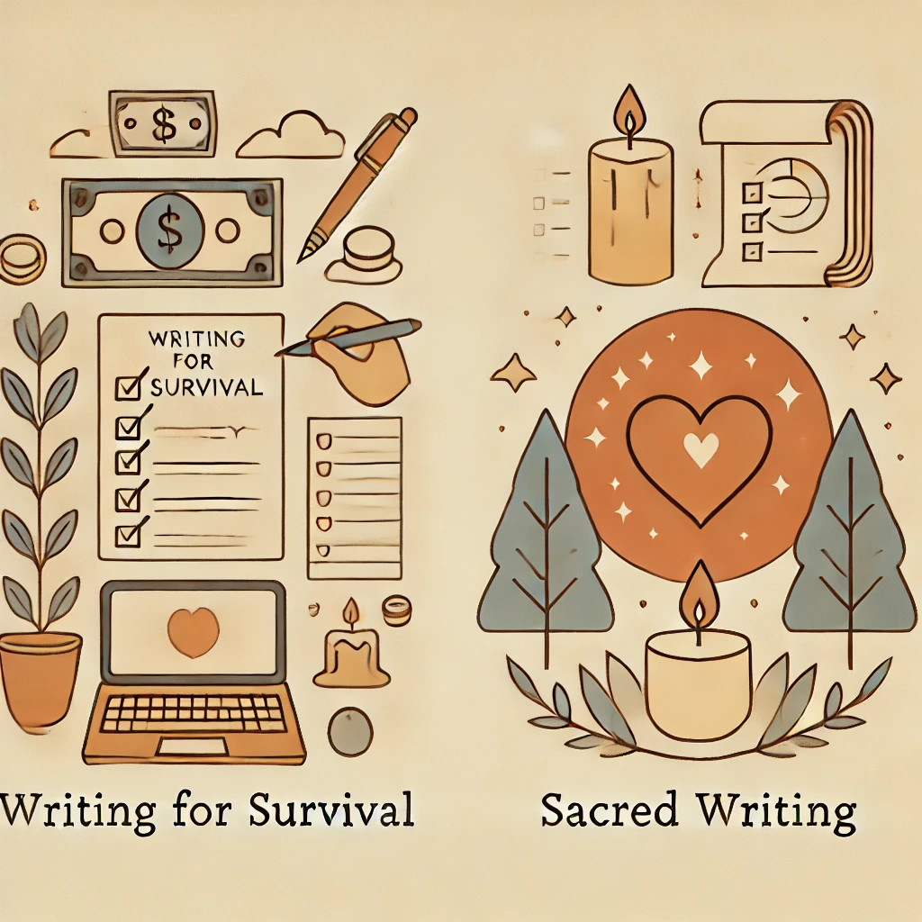수정됨_DALL·E 2025-03-14 21.34.01 - A minimal and simple illustration symbolizing two types of writing_ one representing 'writing for survival' with tools like money, charts, and checkli.jpg