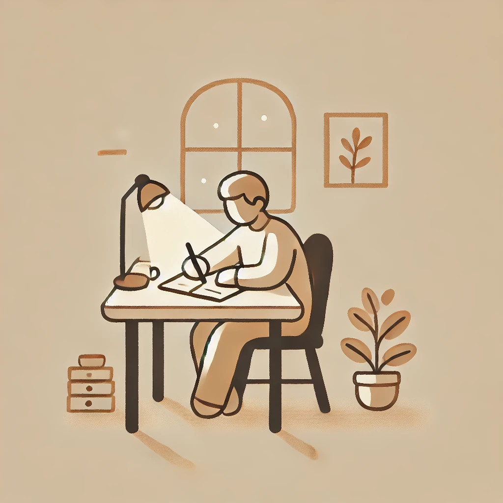 수정됨_DALL·E 2025-03-14 21.13.33 - A simple and warm illustration of a person sitting at a desk writing in a notebook. The person appears calm and thoughtful, surrounded by a quiet, coz.jpg