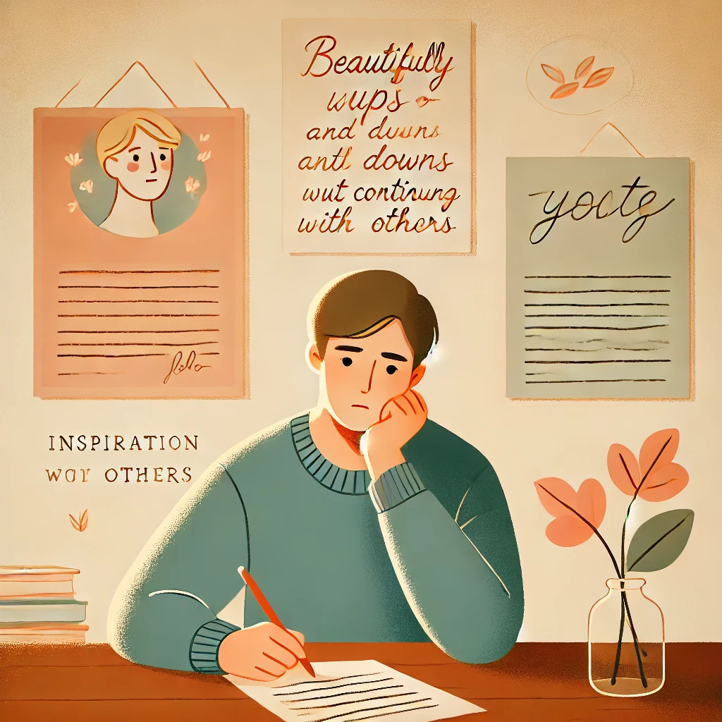 수정됨_DALL·E 2025-03-17 17.00.52 - A minimalist and warm illustration of a person sitting at a desk, writing with a calm and thoughtful expression, while looking slightly discouraged. I.jpg