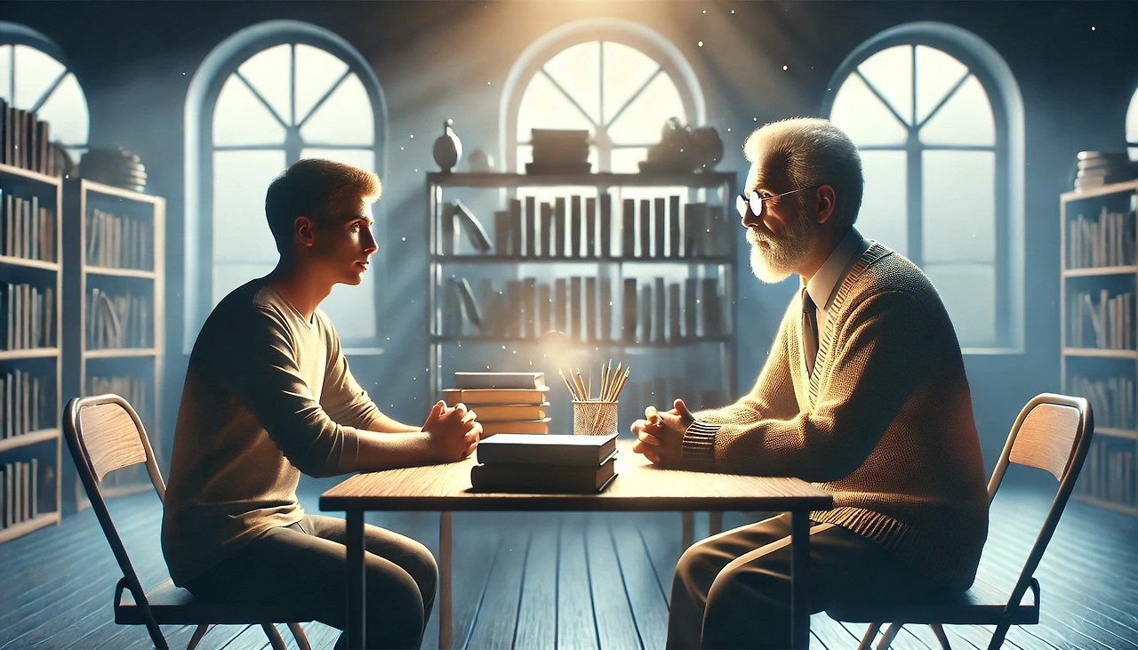 수정됨_DALL·E 2024-10-03 09.28.51 - An image representing the importance of finding the right mentor, without any YouTube watermark. The image shows a student and a mentor sitting across.jpg