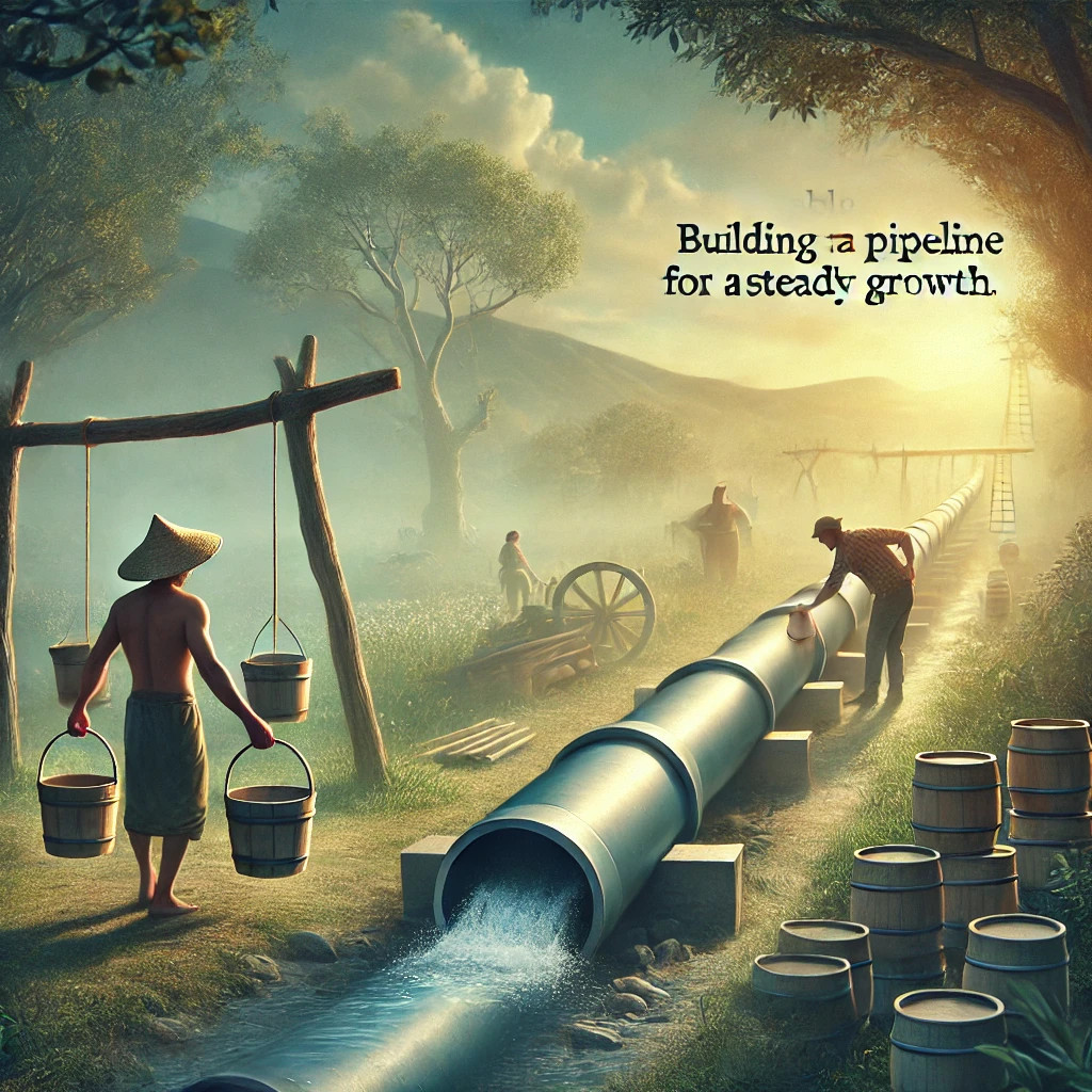 수정됨_DALL·E 2024-10-31 12.50.56 - An image representing the parable of building a pipeline for steady growth. The scene shows two people_ one is carrying buckets from a well, symbolizi.jpg