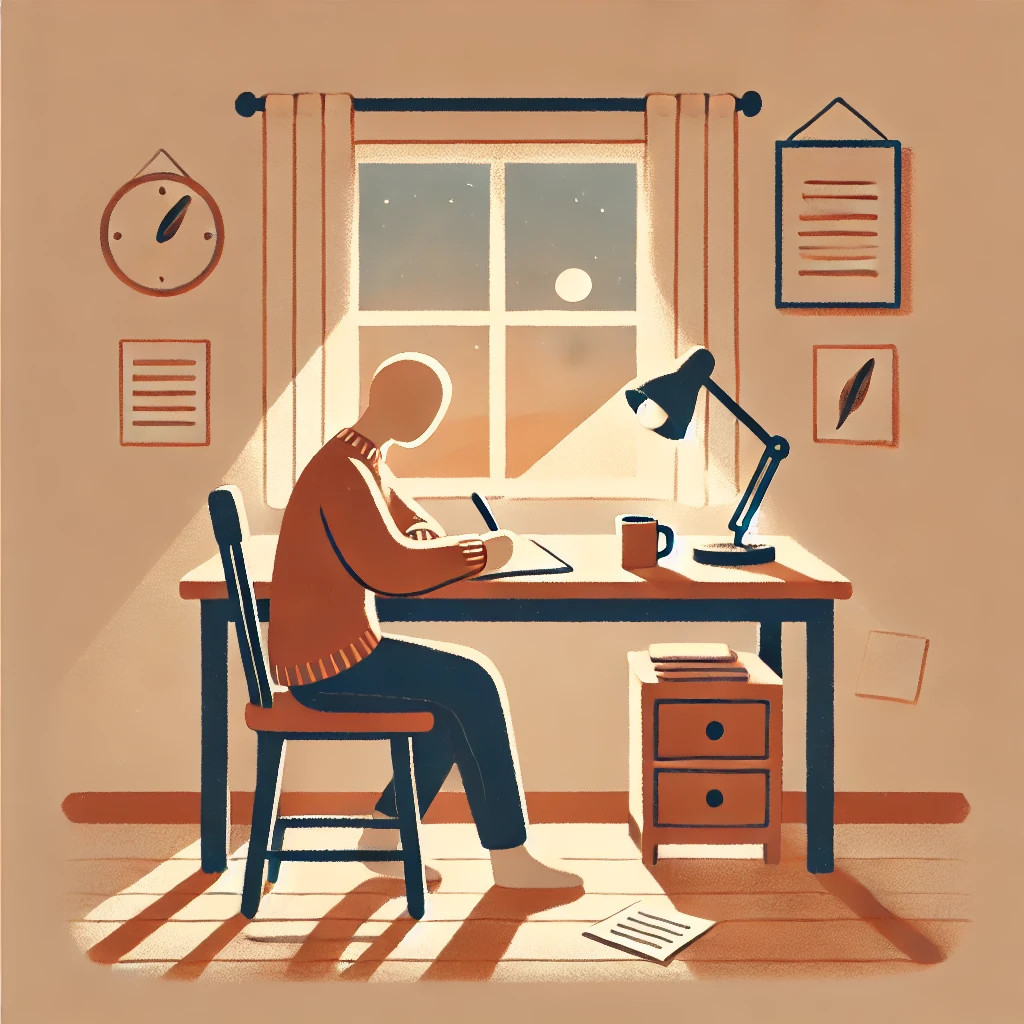 수정됨_DALL·E 2025-03-14 21.50.14 - A simple and warm illustration of a person sitting at a cozy desk, gently writing in a notebook. The room is quiet and softly lit, with a small window.jpg