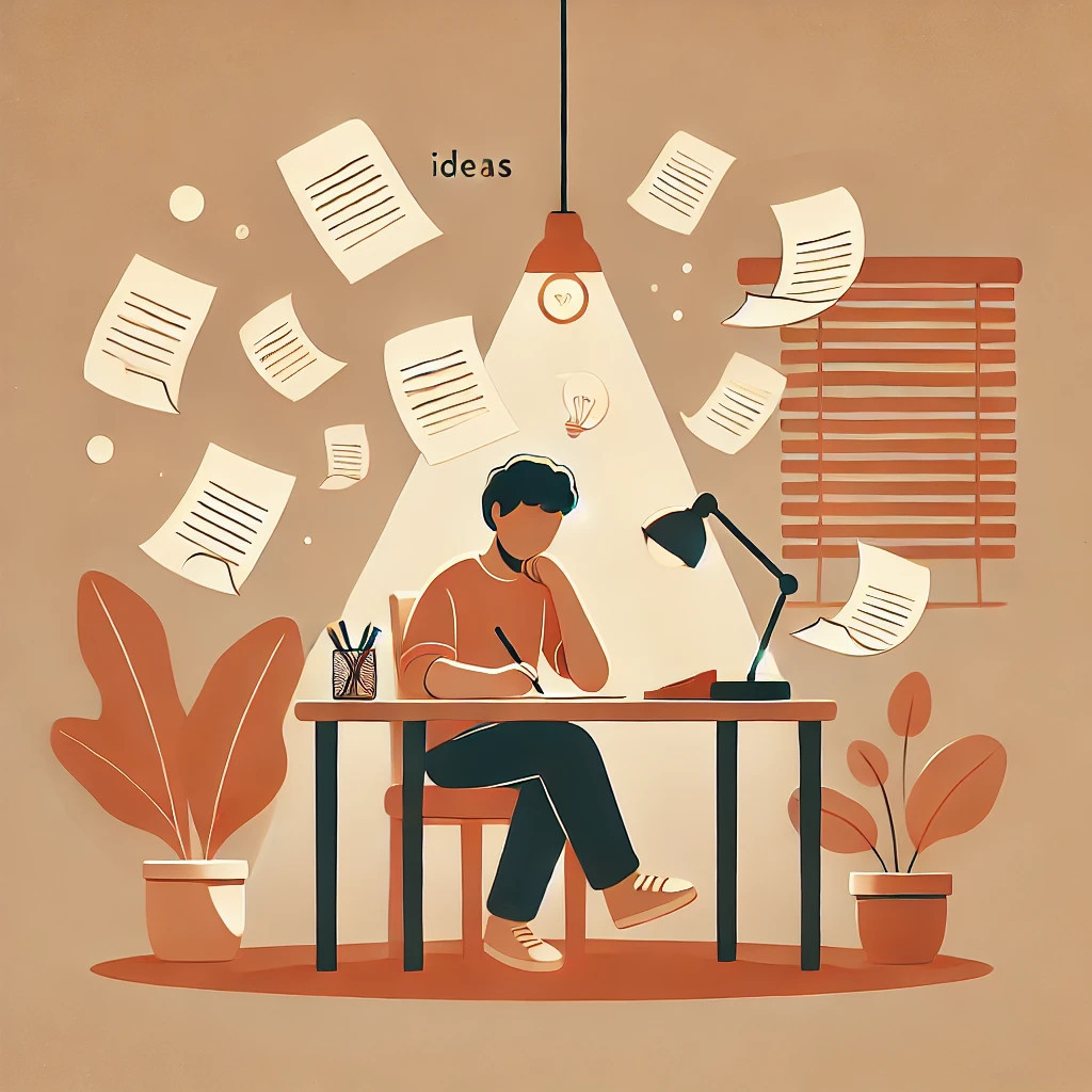 수정됨_DALL·E 2025-03-16 11.22.22 - A minimalist and warm illustration of a person writing at a cozy desk, surrounded by floating sheets of paper representing ideas, symbolizing the conc.jpg
