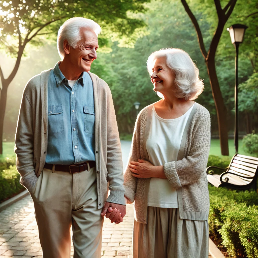 수정됨_DALL·E 2024-08-20 10.31.42 - An elderly couple in their 70s taking a walk together in a peaceful park setting. They are holding hands and smiling warmly at each other, exuding a s.jpg