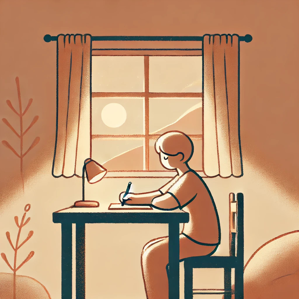 수정됨_DALL·E 2025-03-15 11.36.40 - A simple and warm illustration of a person sitting quietly at a desk, writing in a notebook, with a soft light illuminating the room. The atmosphere i.jpg