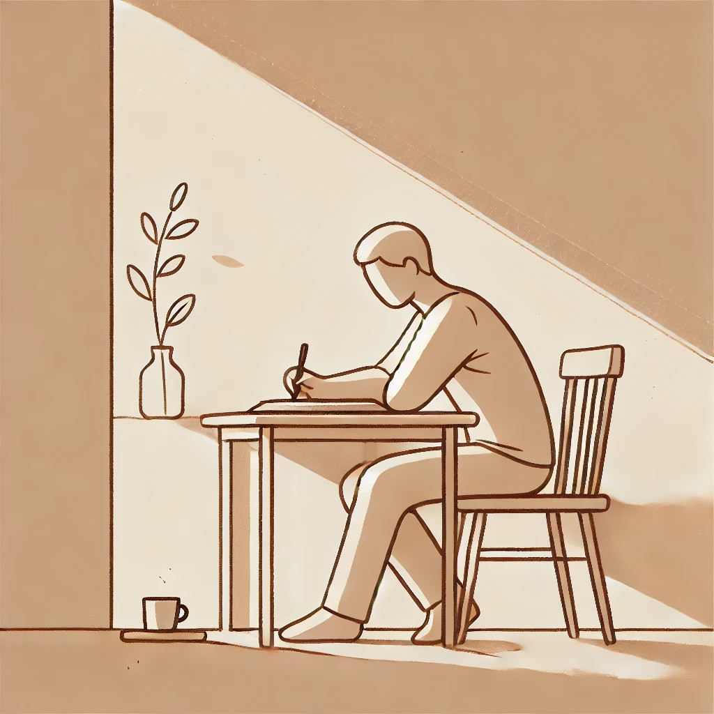 수정됨_DALL·E 2025-03-17 17.21.47 - A minimalist and clean illustration of a person writing in a notebook at a small desk. The scene is simple and warm, with soft lines and gentle tones.jpg