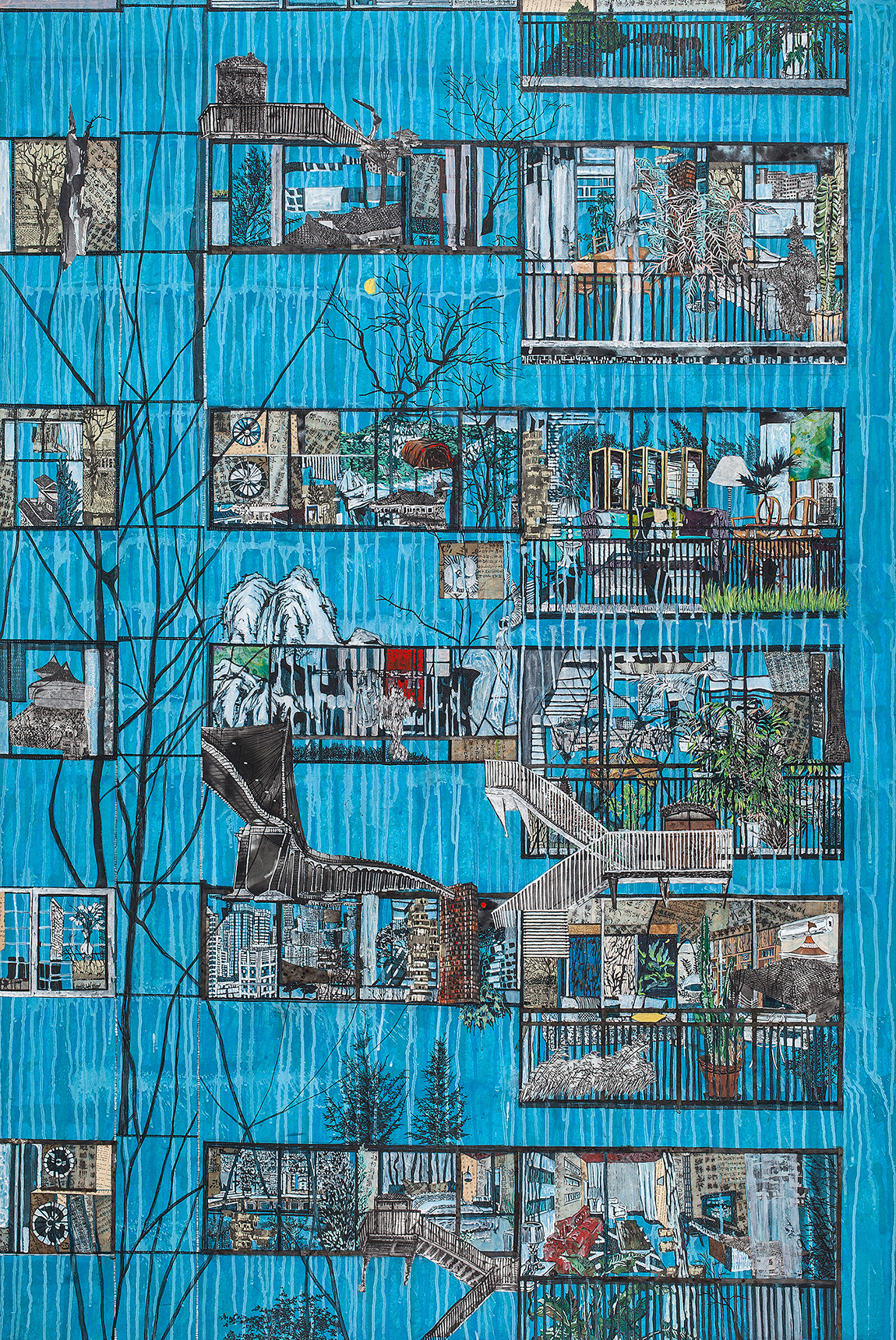 권인경, 타인의 방 1, 188×125㎝, 한지에 고서 콜라주, 수묵채색, 아크릴, 2016.jpg