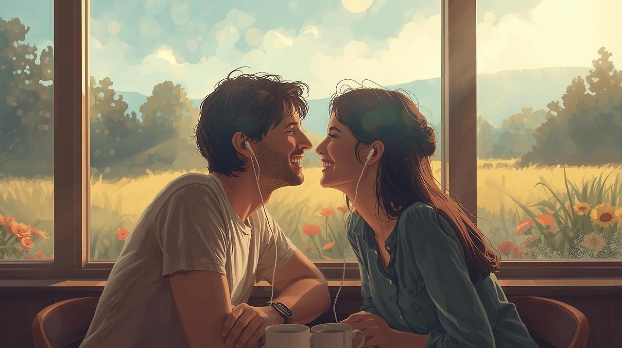 시골 조용한 카페 창가 자리에 앉아 이어폰을 나눠 끼고 창밖 풍경을 보며 음악에 빠져있는 행복한 연인의 모습을 그려줘 (1).jpg