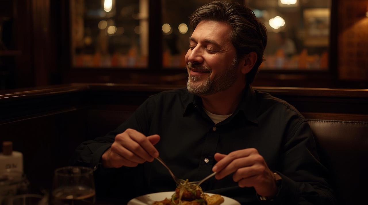 조용한 식당, 밥을 먹다 흘러나온 노래가 너무 좋아 눈을 감고 조용히 감상하고 있는 사람의 모습을 그려줘 (1).jpg