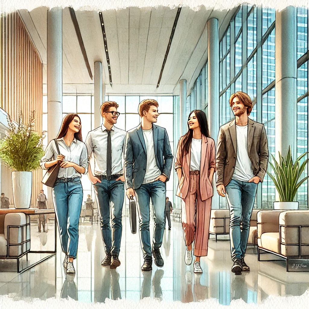 DALL·E 2025-01-23 07.34.20 - A watercolor-style painting of five casually dressed office workers walking together through a modern company building lobby. The group looks cheerful.jpg