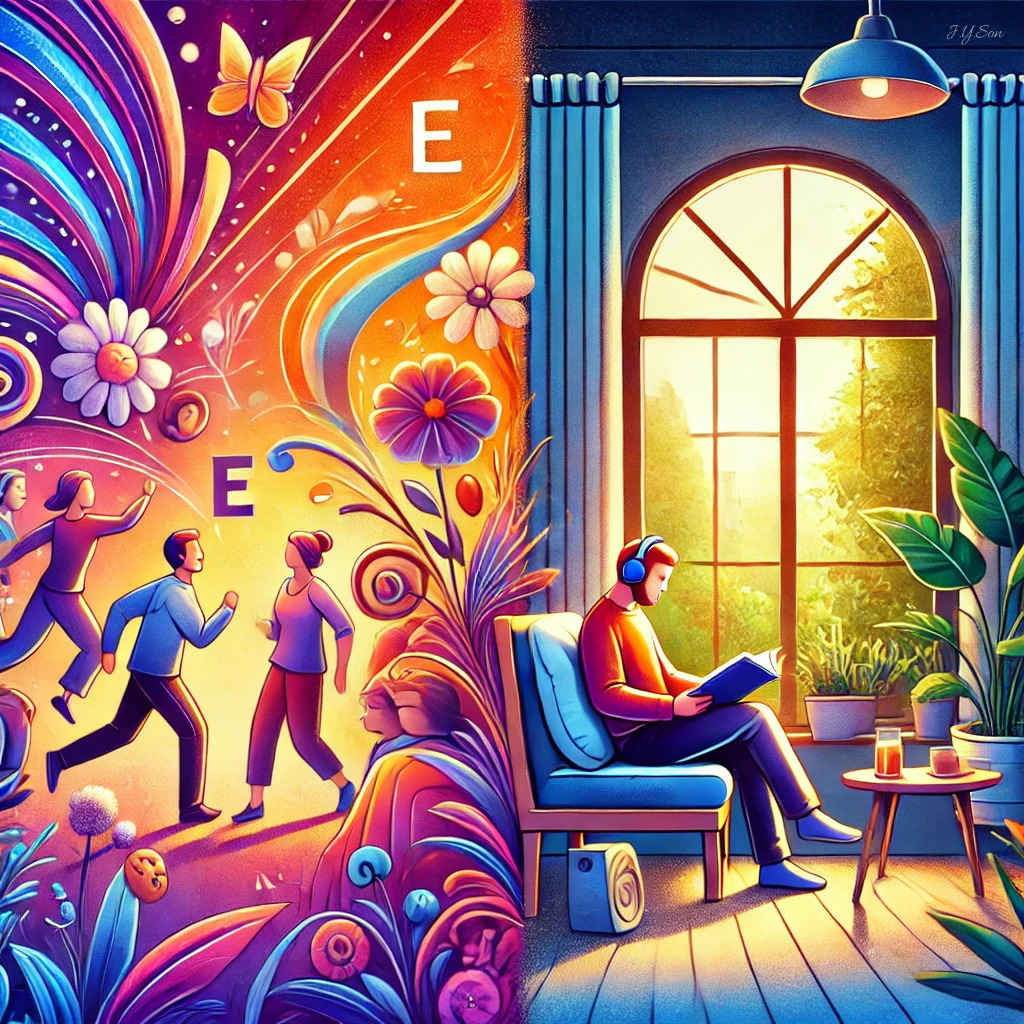 DALL·E 2025-01-23 08.24.39 - A vibrant digital artwork illustrating the contrast between extroverted (E) and introverted (I) personality types. The left side shows a lively, color.jpg