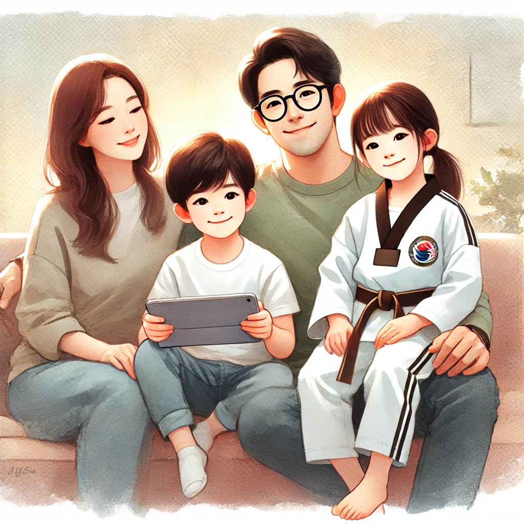 DALL·E 2025-01-23 07.24.19 - A warm and loving family scene in a watercolor style. The family consists of four members_ a father wearing glasses, a mother with her hair tied up in.jpg