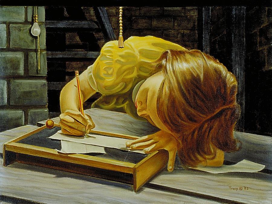 Girl Writing is a painting by Robert Tracy.jpg