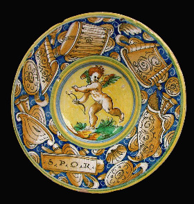 Istoriato decoration on a plate from Castel Durante, c.1550-1570 (Musée des Beaux-Arts de Lille).jpg