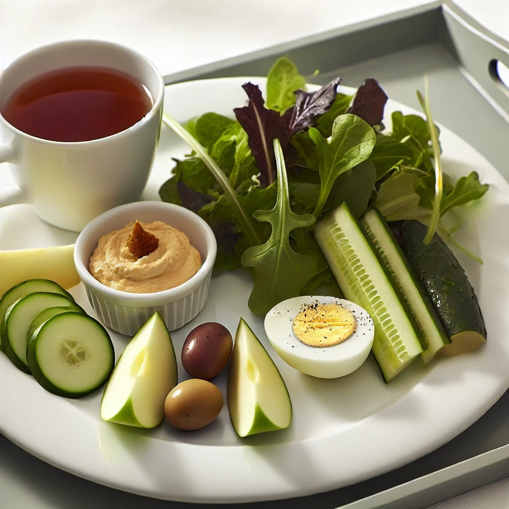 DALL·E 2024-11-07 07.28.53 - A realistic, natural-looking image of a white plate with neatly arranged Mediterranean-style brunch items, featuring a small salad with leafy greens, .jpg