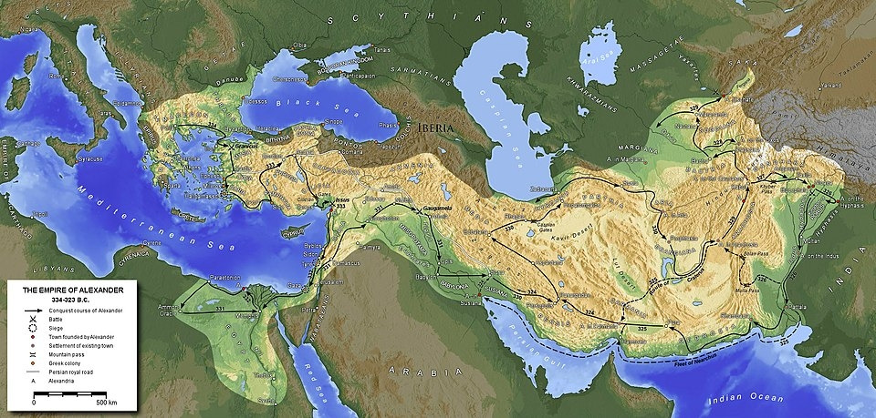 Macedonian Empire map. Map of the Empire of Alexander 334에서 323 BCE.jpg