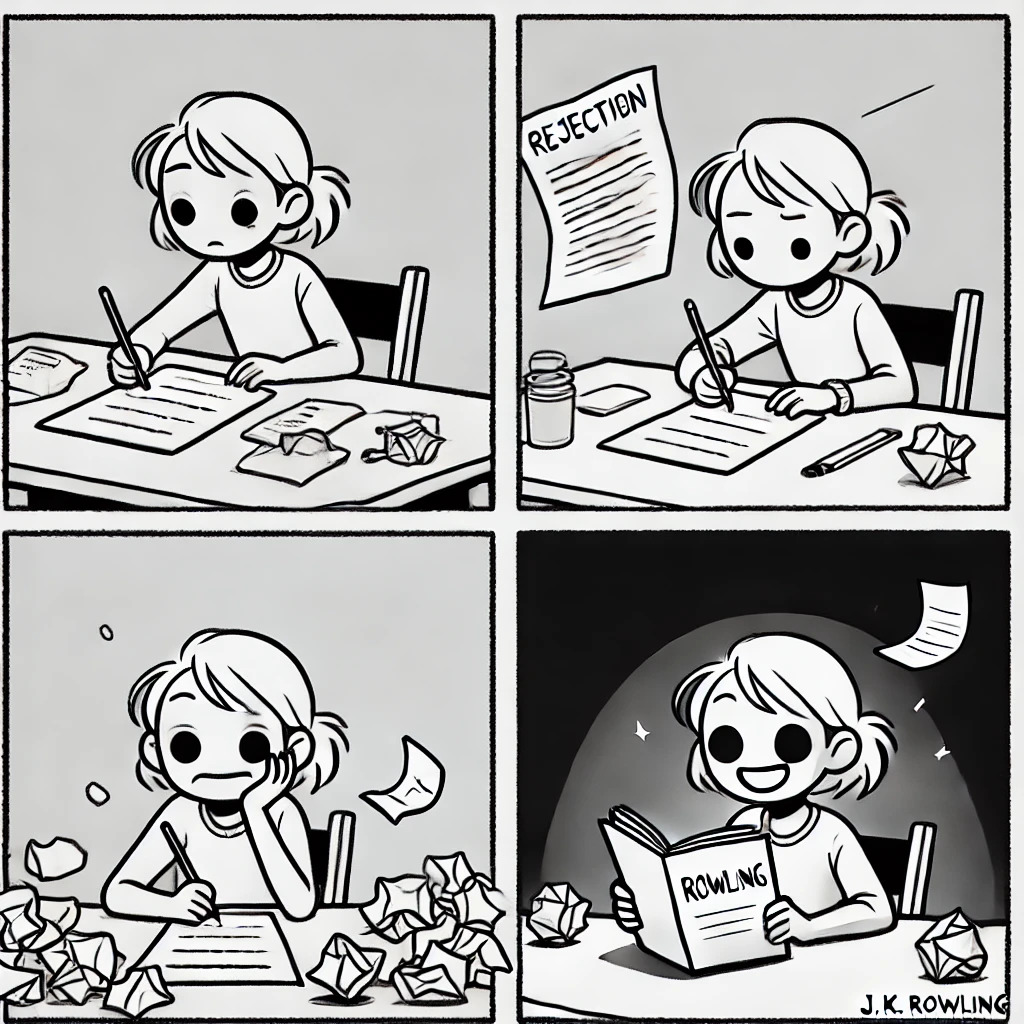 DALL·E 2025-02-17 11.40.14 - A four-panel ultra-minimalist line-art webtoon illustrating the story of J.K. Rowling's struggles and success, drawn in the style of the attached char.webp.jpg