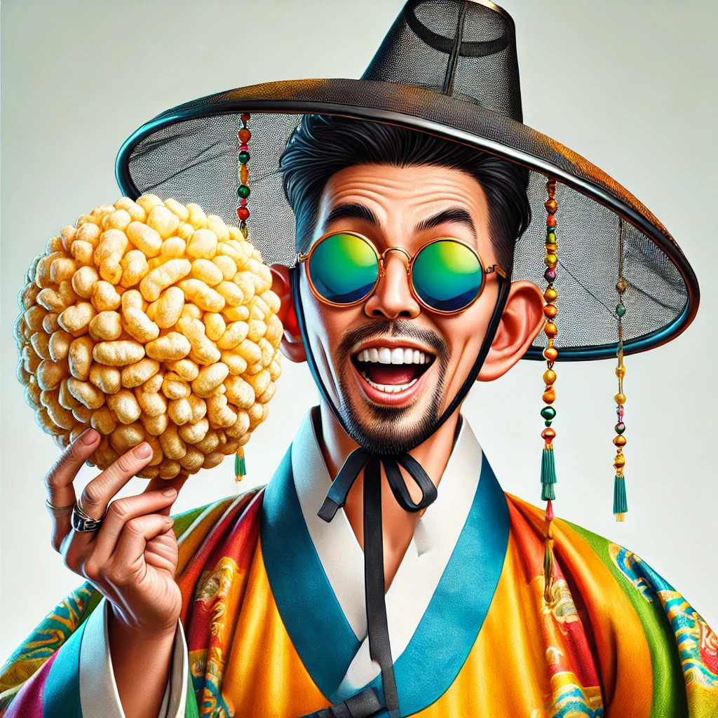 DALL·E 2024-09-27 21.57.11 - A caricature of a man wearing traditional Korean hanbok with modern sunglasses, holding a large puffed rice snack (ppeongtwigi) in his hand. The hanbo.jpg