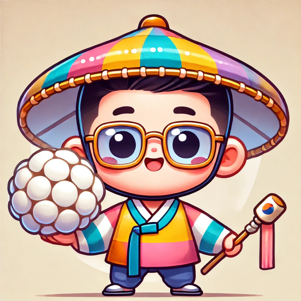 DALL·E 2024-09-27 21.57.38 - A cute caricature of a man wearing a traditional colorful Korean hanbok with modern sunglasses, holding a large puffed rice snack (ppeongtwigi). The m.jpg