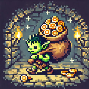 DALL·E 2025-01-22 06.30.09 - An 8-bit pixel art illustration of a goblin carrying a large sack of gold coins over its shoulder, walking through a dungeon. The goblin is small and .jpg