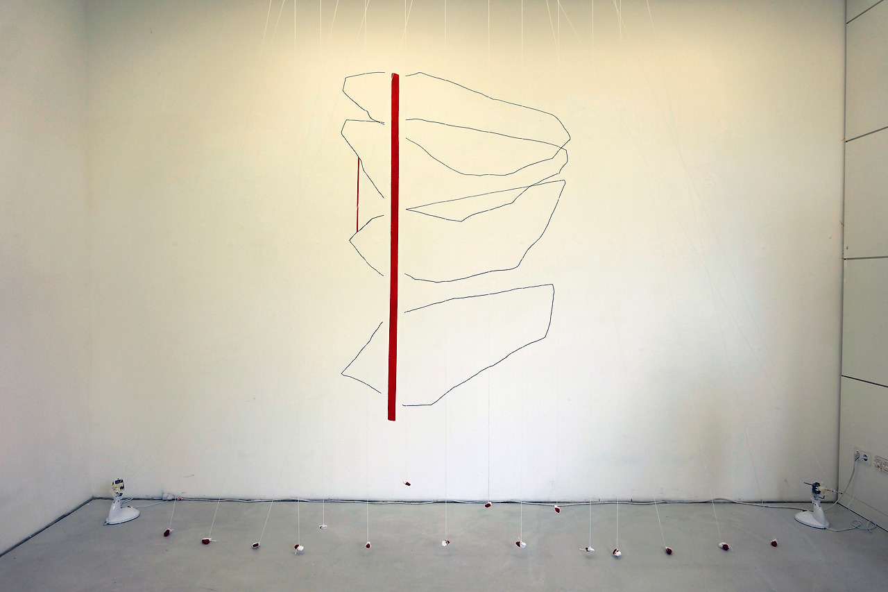 Hörstein, 'wall drawing and installation with stone, electric fan, white string', dimension variable, 2016.jpg