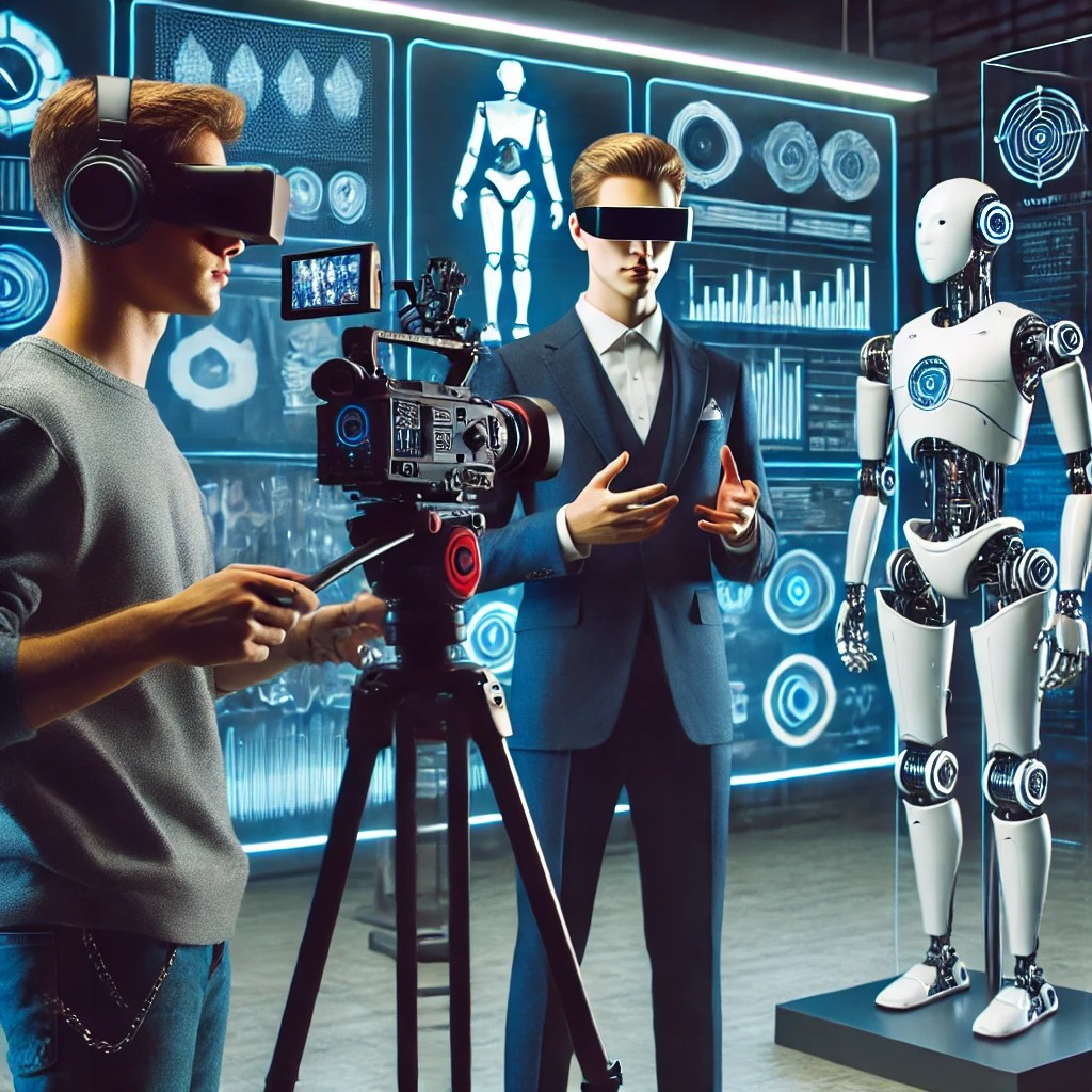 DALL·E 2025-02-08 00.14.23 - A futuristic content creator working with robots. The person is in a high-tech studio, surrounded by humanoid and mechanical robots. They are recordin.jpg