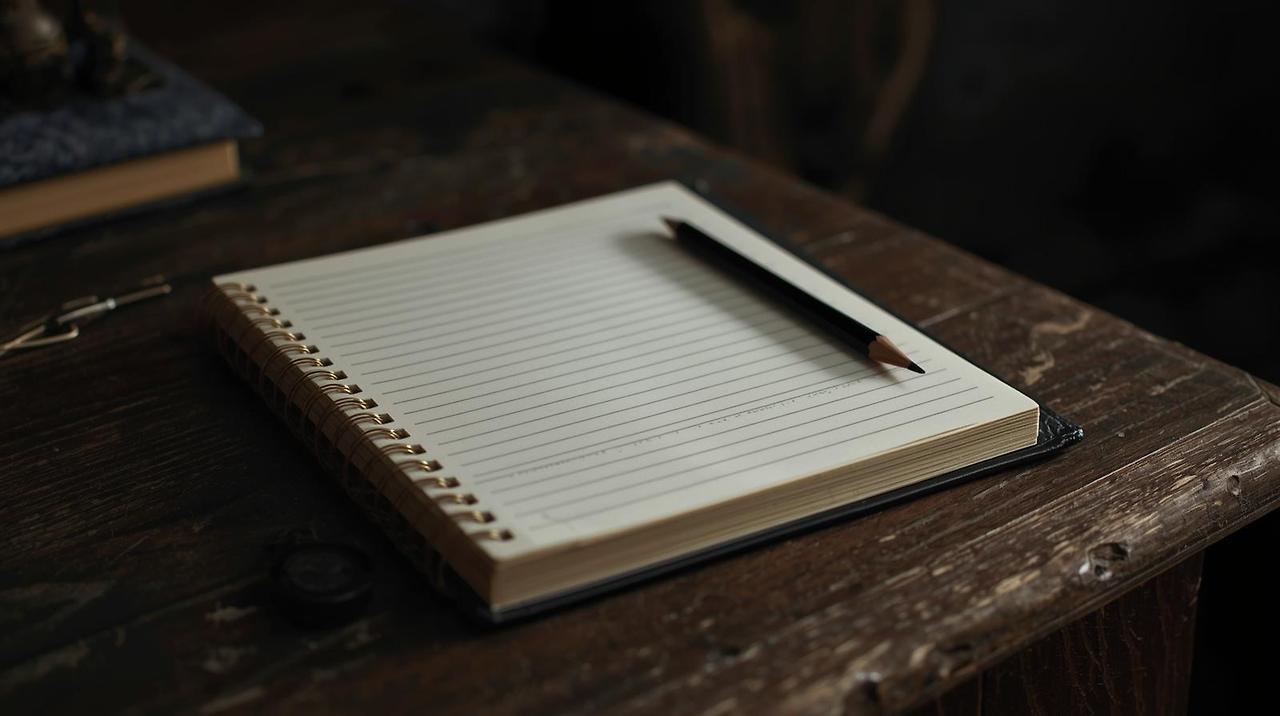 어두운 방, 우드톤 책상 위 노트 한권과 연필 한자루.jpg
