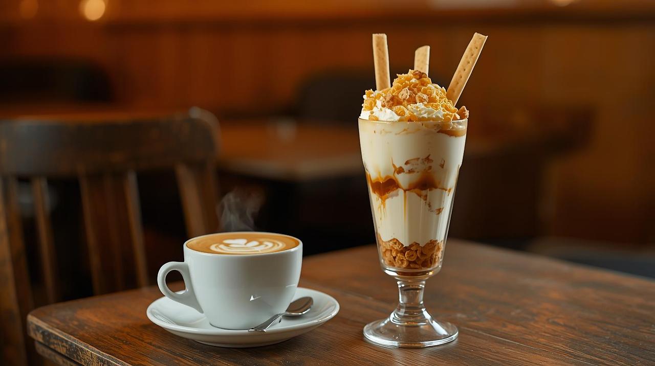 아늑한 느낌의 우드톤의 카페에 테이블 위 카푸치노 한잔과 2000년대 스타일의 긴 유리잔에 파르페가 올려져있다. 파르페에는 아이스크림, 시리얼이 층층이 쌓여있고 빼빼로와 웨하스가 꽂혀있다..jpg